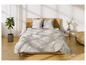 Couette beige avec imprimé floral blanc sur un lit en bois.