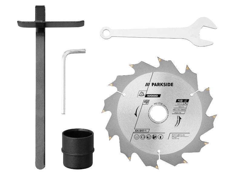 Lame de scie à bois à 12 dents, clé, clé Allen et guide de coupe.