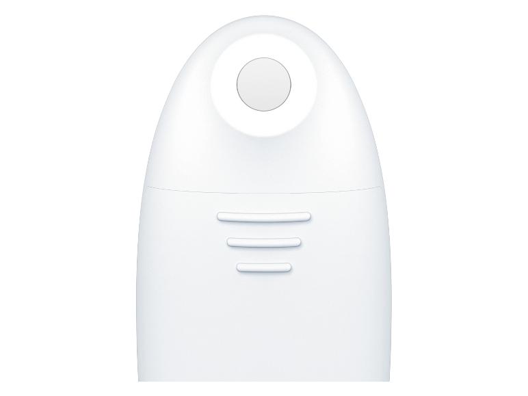 Thermomètre numérique blanc avec bouton et détails de conception.