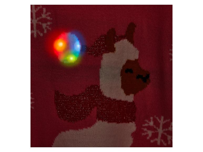 Pull de Noël rouge avec un motif de lama et des lumières clignotantes colorées