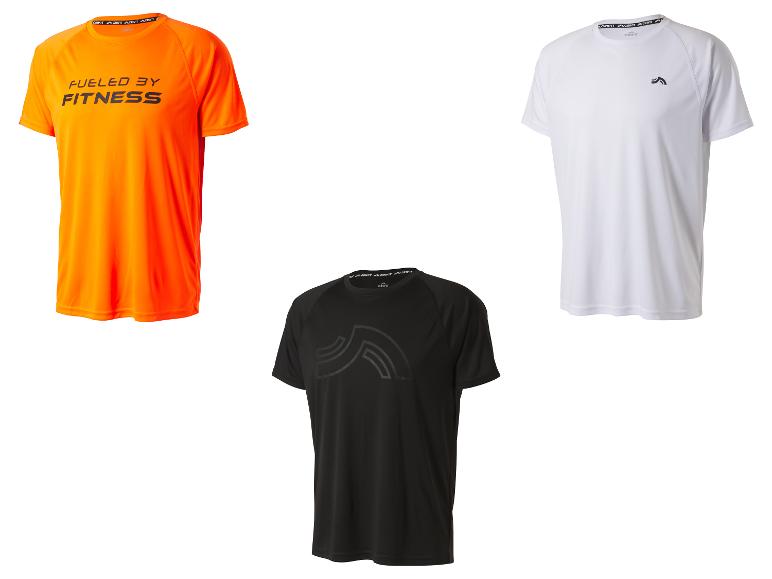 Trois t-shirts de sport Crivit pour hommes : orange avec « Fueled by Fitness », blanc et noir.