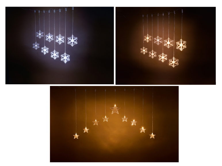 Guirlandes lumineuses LED en forme de flocons de neige et d'étoiles, blanc et blanc chaud.