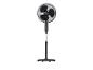 Ventilateur sur pied noir avec grille de protection.