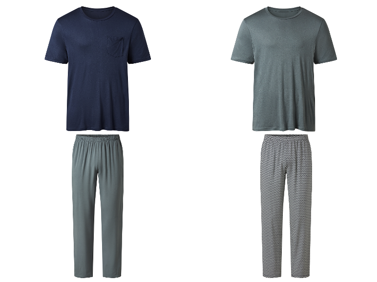 Deux ensembles de pyjamas pour hommes en différentes couleurs et motifs.