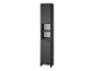 Armoire de salle de bain noire haute avec deux portes et des étagères.