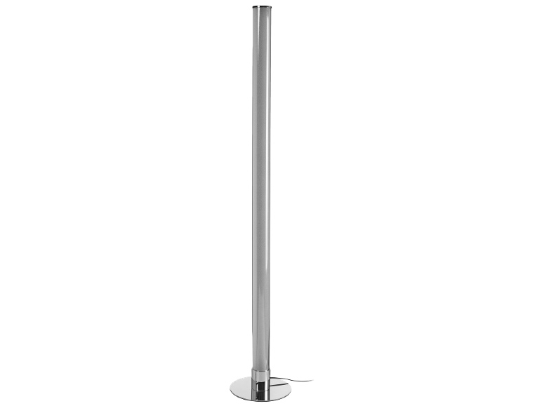 Lampadaire tubulaire moderne avec base circulaire chromée et câble noir.