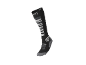 Chaussette de ski noire à rayures blanches et grises, avec détails amortissants.