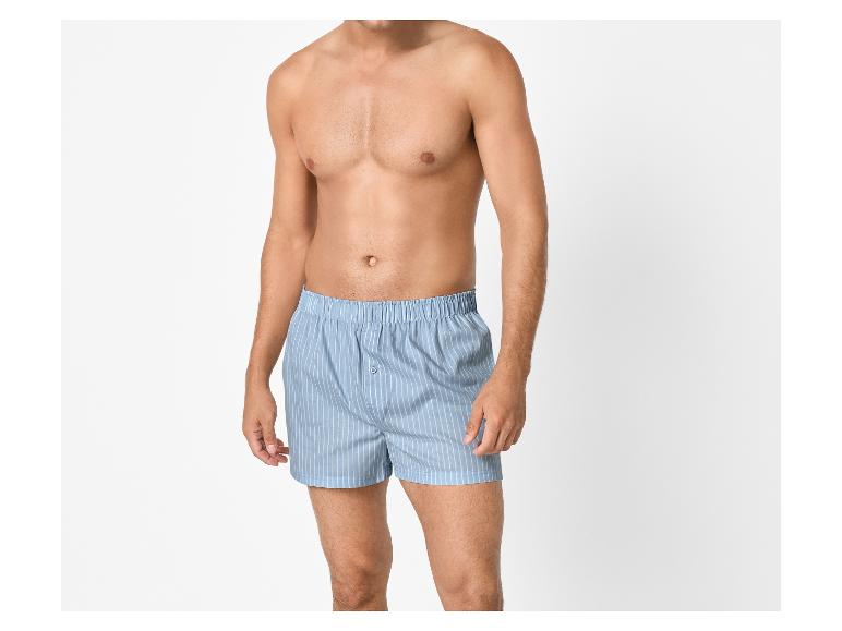Homme torse nu, portant un boxer rayé bleu.