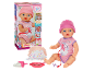 Poupée rose avec accessoires et emballage, parfaite pour les petits enfants.