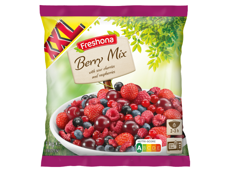 Sachet de baies, cerises et framboises surgelées avec marquage XXL et Nutri-Score.