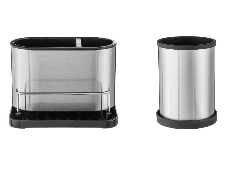 Égouttoir à vaisselle en acier inoxydable avec porte-ustensiles et un porte-ustensiles rond séparé.