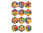 Douze puzzles hexagonaux de différentes couleurs, disposés en cubes.