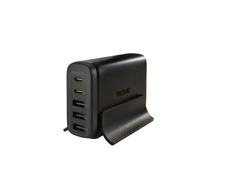Station de charge USB noire avec deux ports USB-C et trois ports USB-A, max 30.5W.