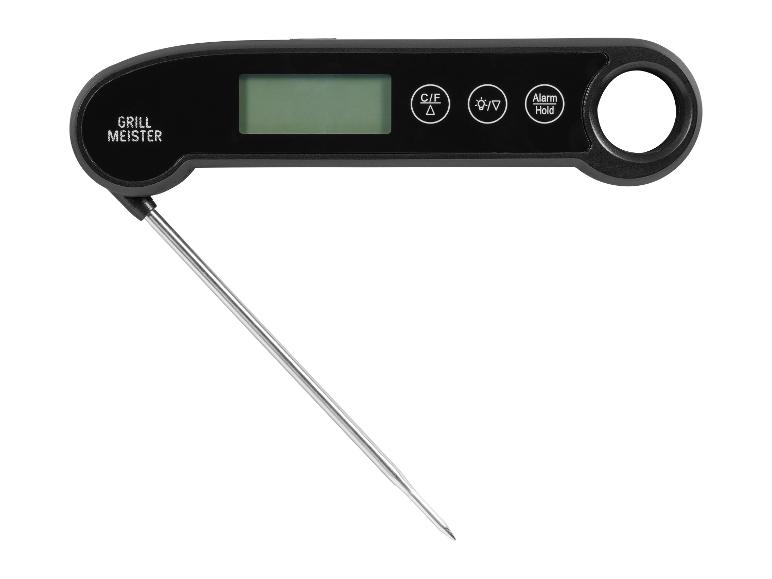 Thermomètre à viande numérique noir Grill Meister avec sonde pliable et écran.
