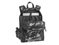 Un sac à dos noir avec un compartiment pour ordinateur portable et un motif abstrait.