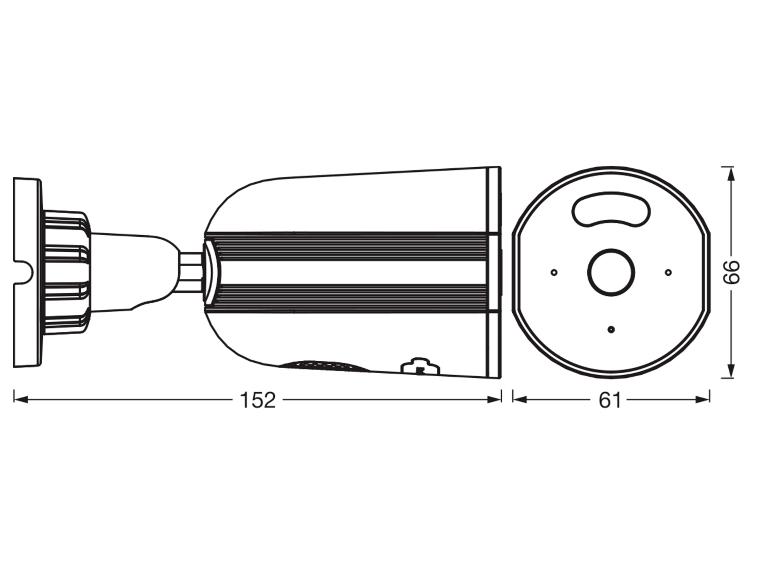 Dessin coté d'une caméra de sécurité, 152 mm de long, 61 mm de large et 66 mm de haut.