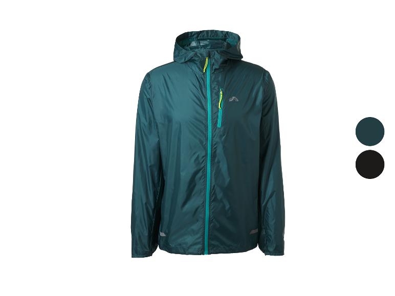 Veste de pluie légère pour homme en vert foncé avec fermeture éclair turquoise et détails jaunes.