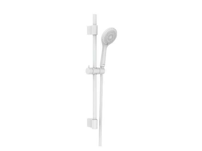 Un pommeau de douche blanc et sa barre de douche sont présentés sur fond blanc.