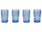 Ensemble de quatre verres à eau bleus, style vintage, décor floral.