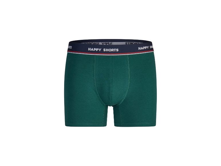 Boxer vert avec ceinture élastique bleu marine et l'inscription 'HAPPY SHORTS'.