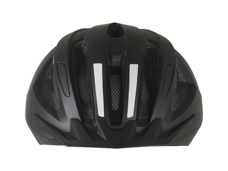 Un casque de vélo noir avec des bandes réfléchissantes.