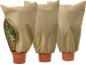 Trois housses de protection beige pour plantes contre le gel, une partiellement ouverte révélant une plante verte