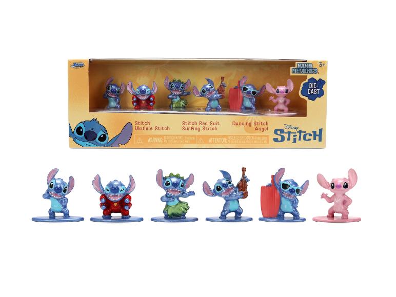 Ensemble de figurines métalliques Disney Stitch, incluant Stitch, Stitch ukulélé, Stitch en costume rouge, Stitch surfeur, Stitch danseur et Angel.
