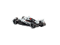 Voiture de course miniature blanche et noire avec des détails rouges sur fond noir