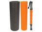 Un rouleau en mousse noir, un rouleau en mousse orange et un outil de massage orange.