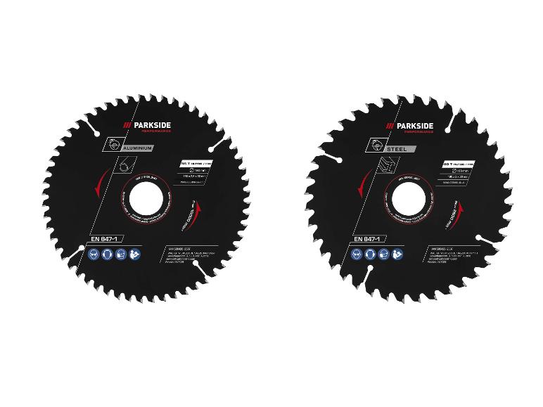Deux lames de scie circulaire, une pour l'aluminium et une pour l'acier, avec spécifications.