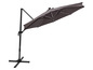 Un parasol gris foncé avec un pied en métal noir.