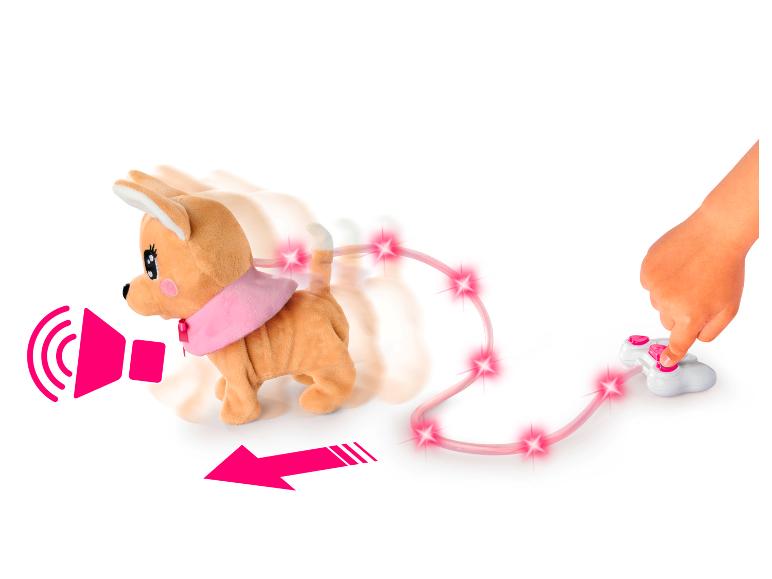 Petit chien en peluche télécommandé avec effets lumineux.
