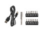 Un chargeur USB avec un câble et un jeu d'embouts de tournevis, y compris les embouts PH0, PH1, PH2, PH3, H3, H4, H5, SL3, SL4, SL5, SL6, PZ0, PZ1 et PZ2.