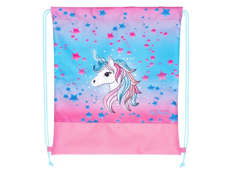 Sac à cordon rose avec licorne et étoiles.