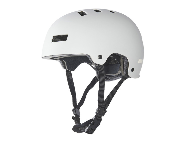 Un casque de vélo blanc avec des sangles noires.