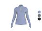 Haut thermique fonctionnel femme CRIVIT, bleu clair avec fermeture éclair et empiècements jaunes.