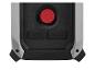 Haut-parleur Bluetooth portable noir avec connexion USB et bouton rouge.