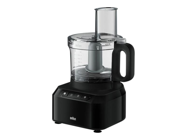Robot culinaire noir avec bol transparent et boutons de commande.