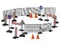 Jeu de construction routière : clôtures, cônes, panneaux.