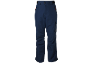 Pantalon de ski bleu foncé avec poches et fermetures éclair rouges.