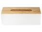 Un distributeur de mouchoirs blanc avec un couvercle en bois.