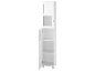 Armoire haute blanche avec étagères en verre et ouvertes, une porte ouverte.