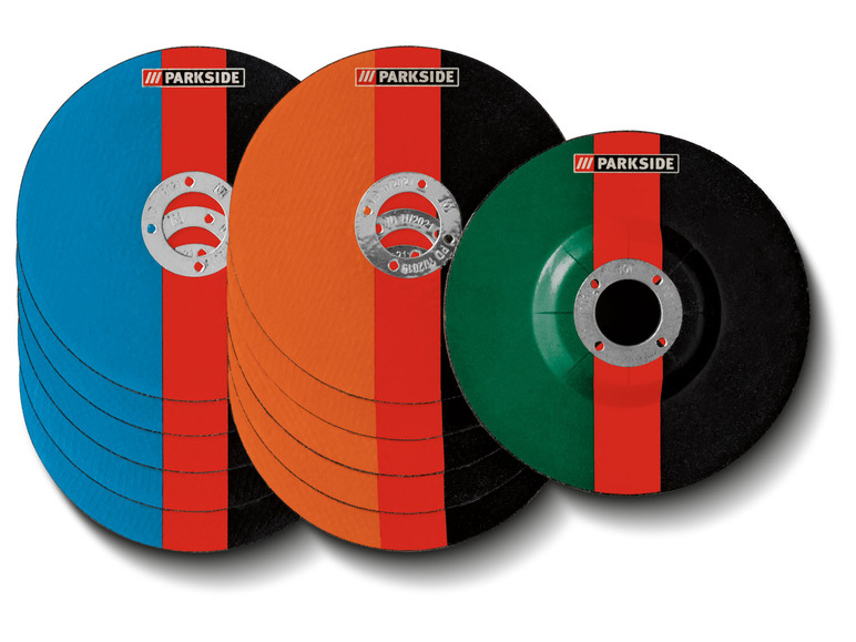 Disques de ponçage et de coupe Parkside en bleu, orange et vert.
