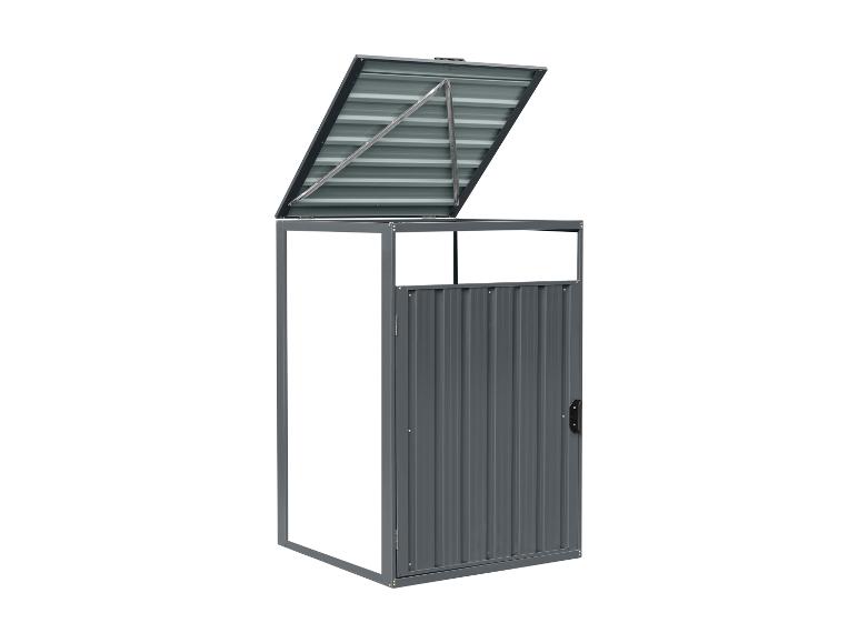 Abri poubelle en métal gris avec couvercle ouvert