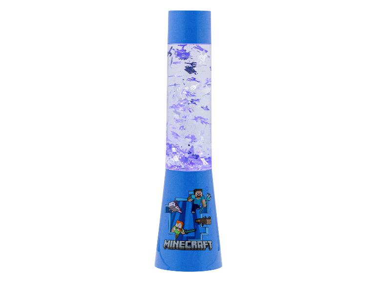 Lampe à lave bleue avec paillettes violettes et personnages de jeux vidéo sur la base.