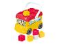 Un bus de jouet jaune avec Mickey Mouse et des blocs.