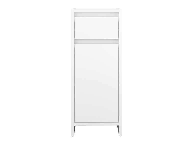 Meuble de rangement blanc avec deux tiroirs et une étagère ouverte