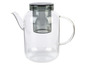 Une théière en verre avec un infuseur à thé en vrac.