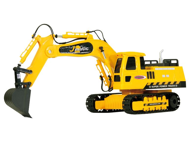 Une pelleteuse jouet Jamara jaune avec des chenilles noires et un bras articulé.