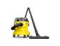 Aspirateur eau et poussière jaune et noir avec tuyau et buse de sol.